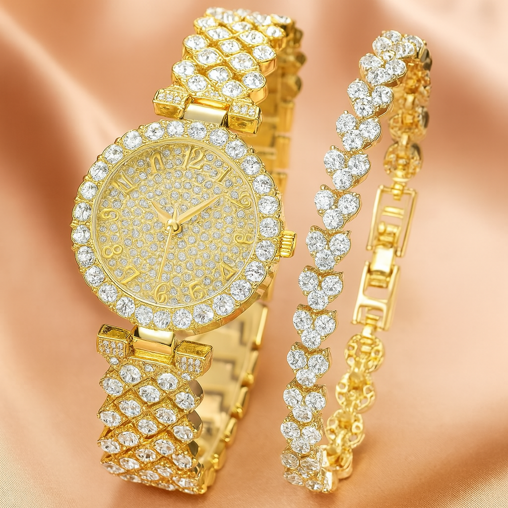 Luxe Radiance™ – Coffret Montre & Bracelets Dorés 18K