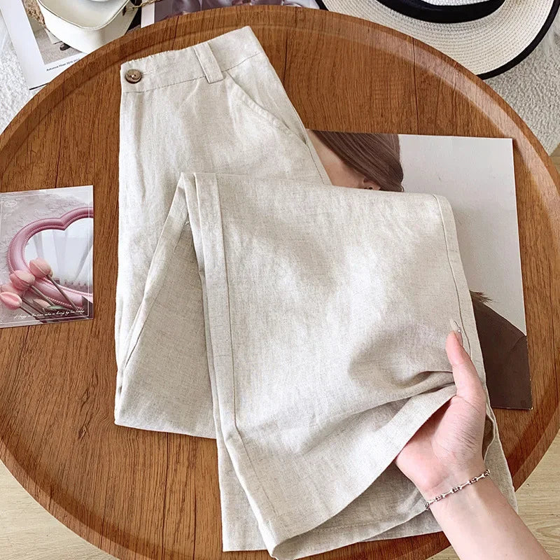 🌿 Laura™ – Pantalon Large Lin Coton Femme Été – Taille Haute