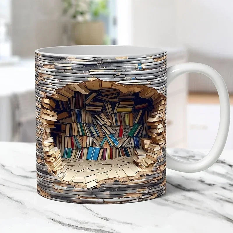 Murmure de Bibliothèque™ – Tasse en céramique 3D au design trompe-l'œil