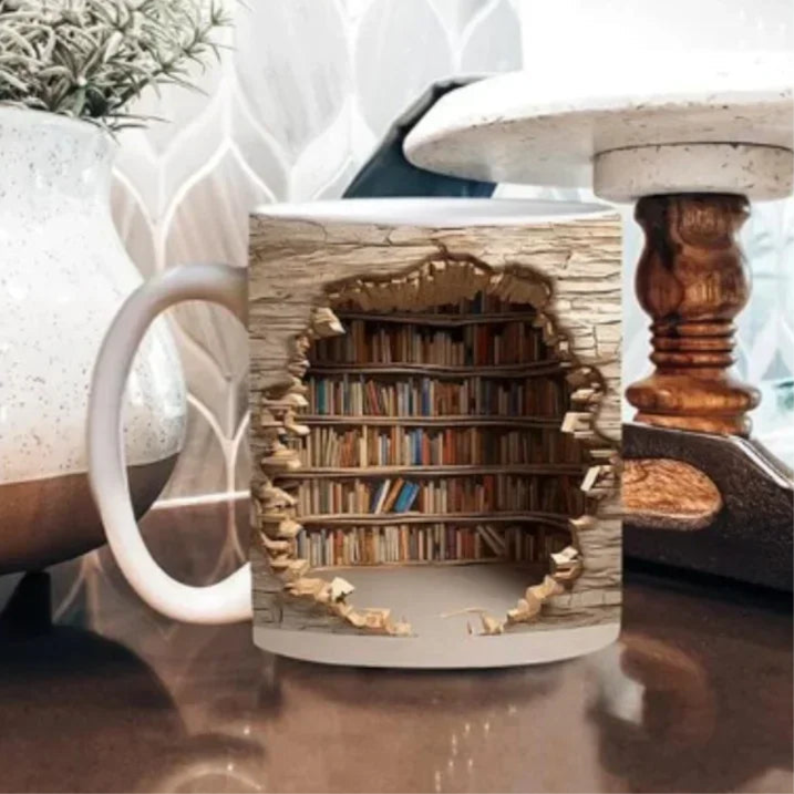 Murmure de Bibliothèque™ – Tasse en céramique 3D au design trompe-l'œil